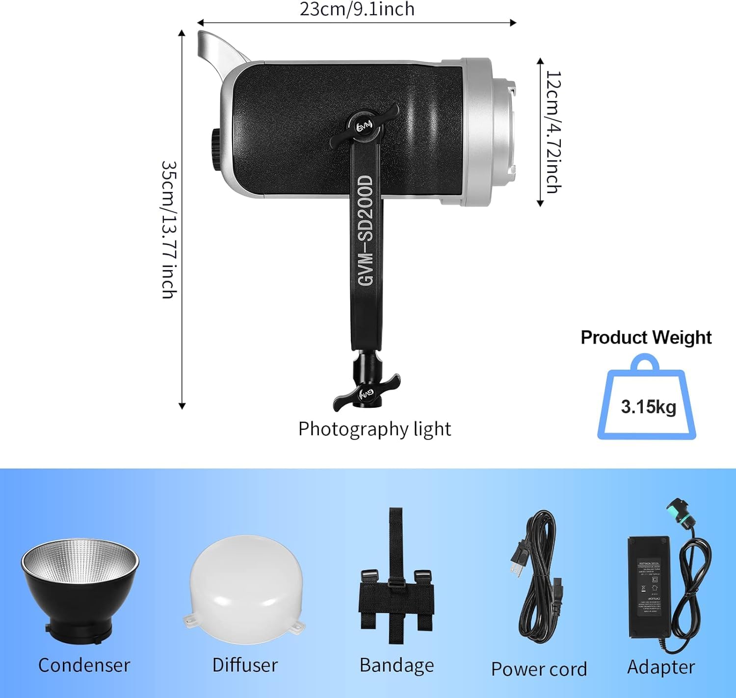 GVM 200W Lampada video LED con scatola luminosa lanterna kit di illuminazione studio fotografico SD200D con controllo Bluetooth/DMX, 93000lux a 0,5 m, illuminazione continua bicolore 3200K-5 600K per