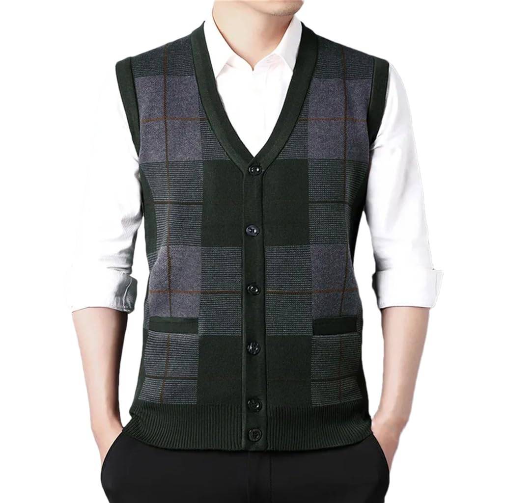 Gilet da uomo a scacchi con scollo a V, lavorato a maglia, cardigan, canottiere, colore scuro, EN8, asiatico, 3XL (85-90 kg), Scuro EN8, XXXL