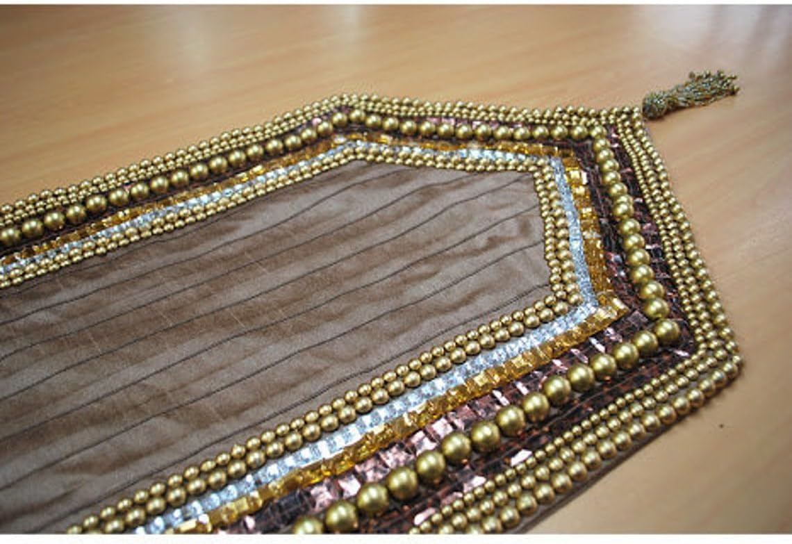 The HomeCentric Decorative Table Runner Rust, Gold, Clear, 14 inch Wide x 120 inch Extra Long Silk Beaded Table Runner Golden Pearls Sequin Bead Stone Embroidered Pleated - Pearl Crystal Sequin