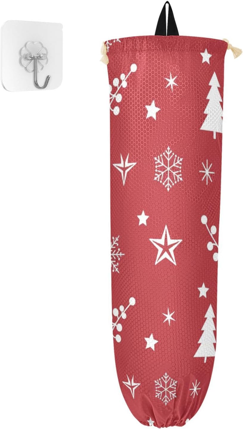 Large Plastic Bags Organizer Kitchen Essentials Hanging Wall with Drawstring Closure Gift for Women, Christmas Red White Tree Berry Star Snowflake, 2 Pack