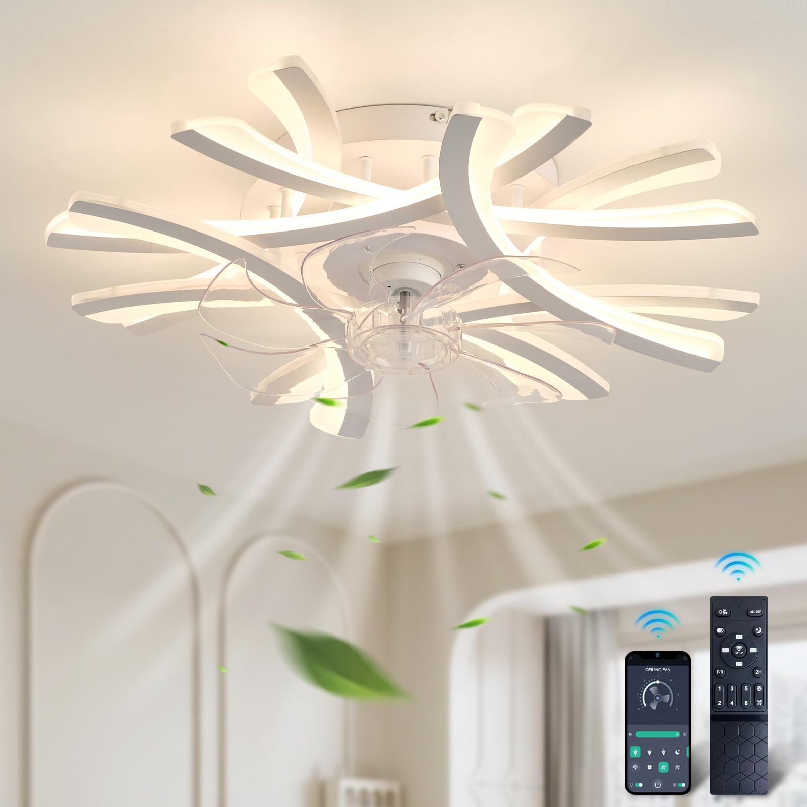 YFouCnd I 23.6" Modern Ceiling Fans with Lights and Remote, LED Dimmable Silent Ceiling Fan Light, Memory Function and Reversible 6 Speeds Timer Ceiling Fans with Lamps for Bedroom Living Room-White