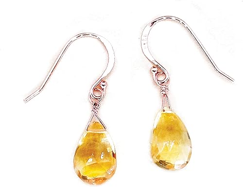 Natural Citrine Earrings, 14K Rose Gold Plated Sterling Silver, Handmade Jewelry for Women, 1" Long (Citrine-14K-Rose-Gold)