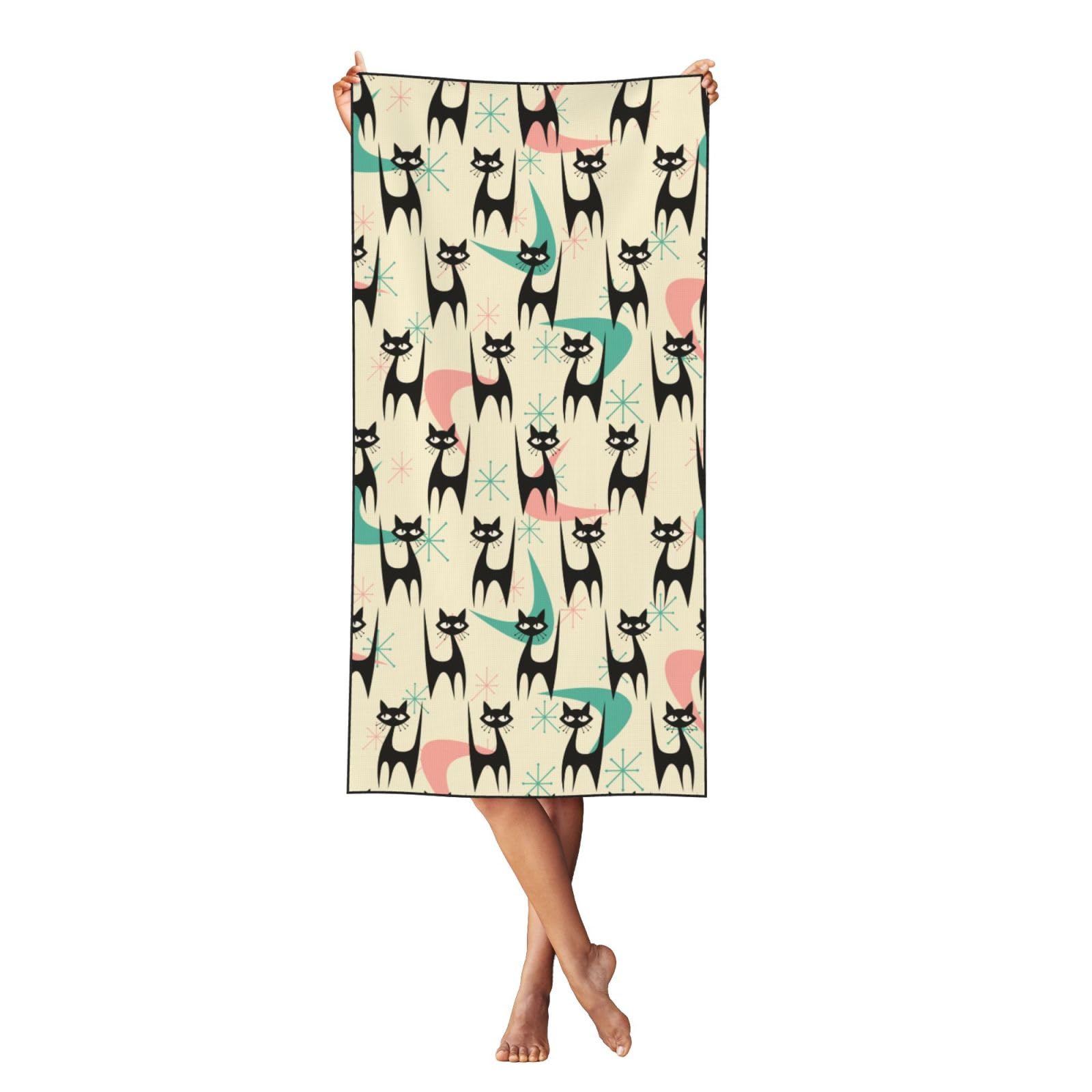Xiso Ver Mid Century Modern Cats Beach Towel 27.5" x 55" Quick Dry Absorbent Large Lightweight Towels Swimming Pool Camping Beach Accessories Easy