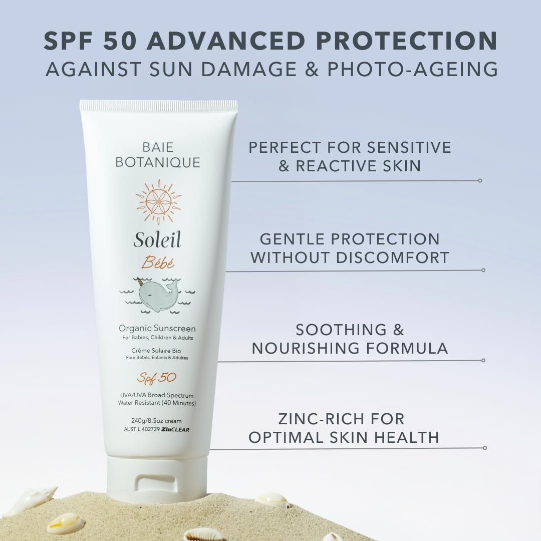 NEW, Baie Botanique Soleil Bébé, Organic Mineral Baby & Children Sunscreen SPF 50, Non-Nano Zinc Oxide, Sunflower & Jojoba - Image 4