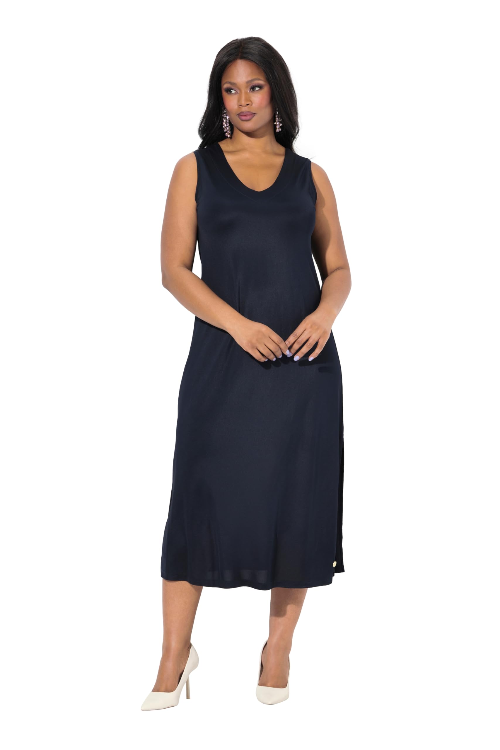 Ulla Popken Damen große Größen Übergrößen Plus Size Midi-Slinkykleid, A-Linie, V-Ausschnitt, Piqué, ärmellos 828522