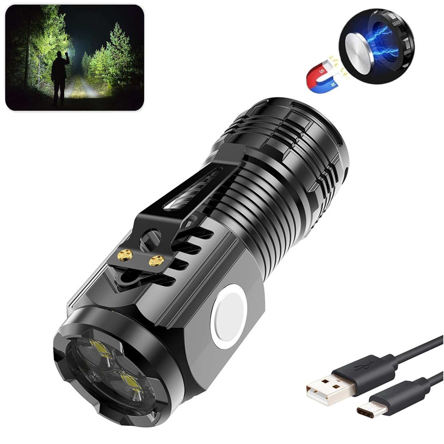 Rechargeable Mini Flashlight, Portable Three-Eyed Monster Mini Flash Super Power Flashlight, 5 Modes Multi-Functional Pen Clip Flashlight Light Steel High Lumen for Outdoor Camping Emergency