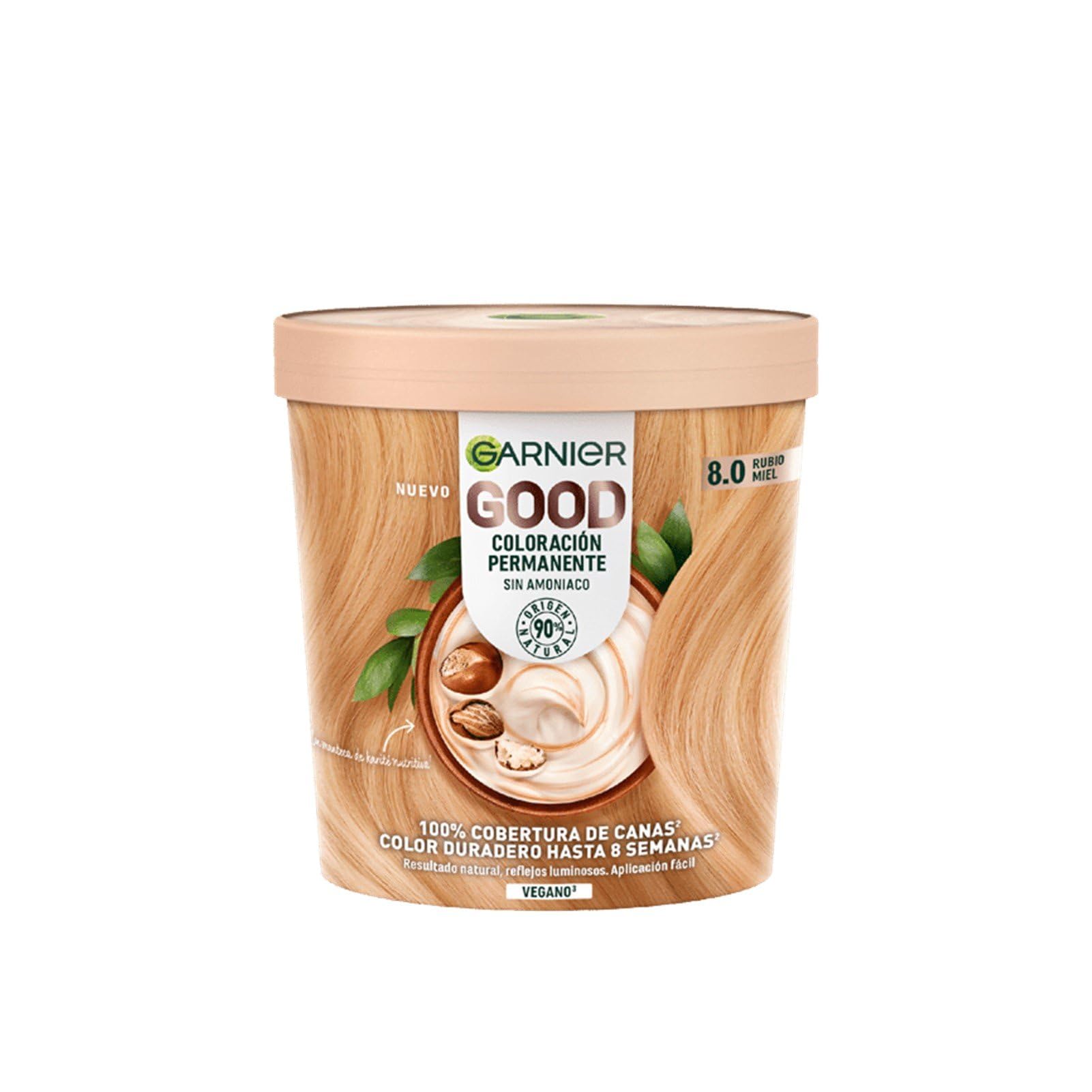 Garnier GOOD Permanent Hair Dye, 8.0 Honey Blonde. Guarantees 100% grey coverage and 8-week colour. No ammonia, vegan shea butter formula for luminous honey blonde on all hair types.