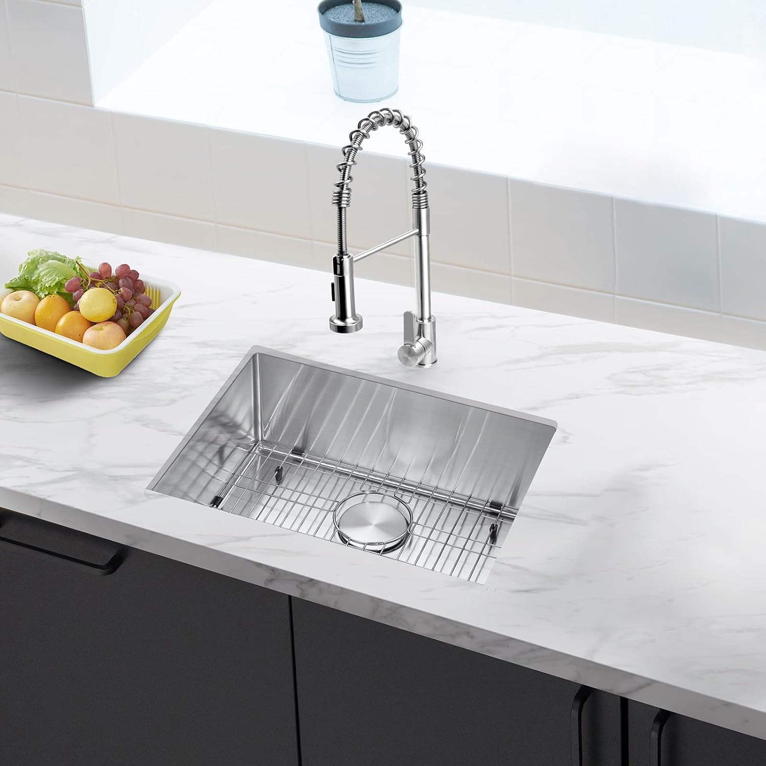 Akicon 23" Undermount Kitchen Sink and Pull-down Faucet Combo with Drain Assembly with Strainer, Protective Bottom Grid, All in One (23" x 18" x 9")
