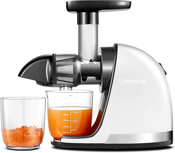 Cold PressJuicer,AMZCHEF Slow Masticating Juicer Machines with Reverse Function, High Juice Yield, Easy Clean with Brush,Recipes for High Nutrient Fruits and Vegetables, White(Updated)