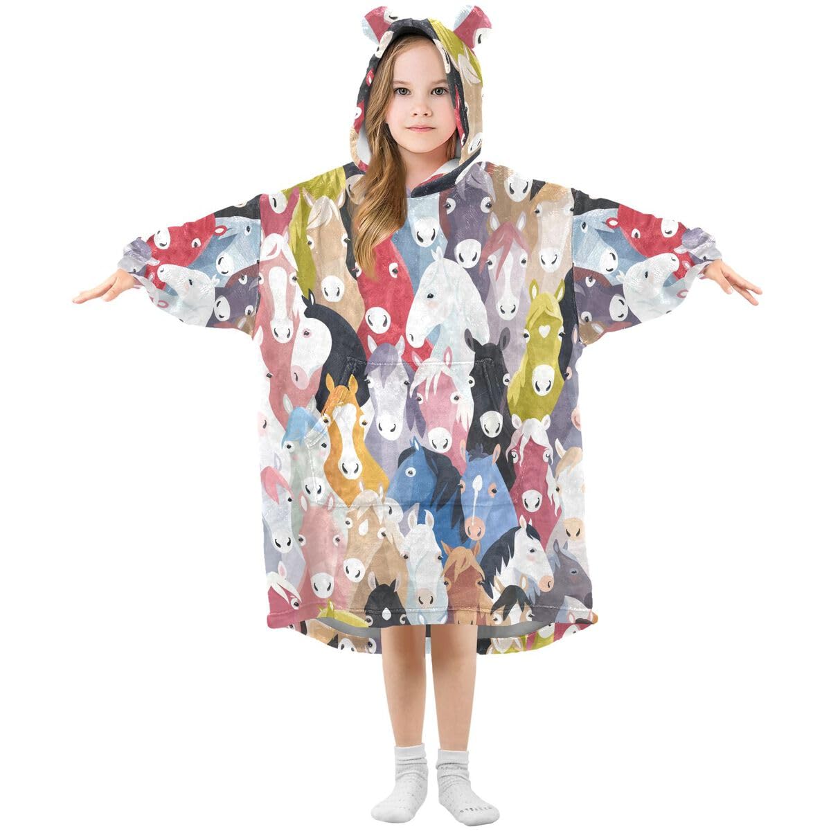 Kolorowe kreskówkowe konie dziecięcy koc do noszenia bluza z kapturem oversize bluza koc sweter koń uroczy dla chłopców i dziewcząt w wieku 3-14 lat