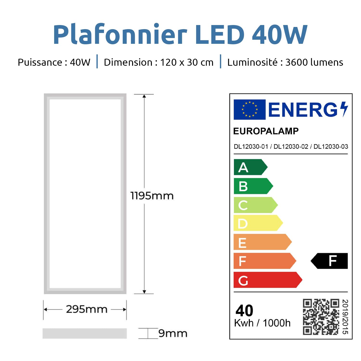 Europalamp - 6 Dalles LED 120x30 cm 40W - Lumière Blanc Froid 6000k 3600Lm Haute Luminosité - Diffuseur Réducteur d'Éblouissement et d'Inconfort - Adaptation aux Faux Plafonds Sans Modification