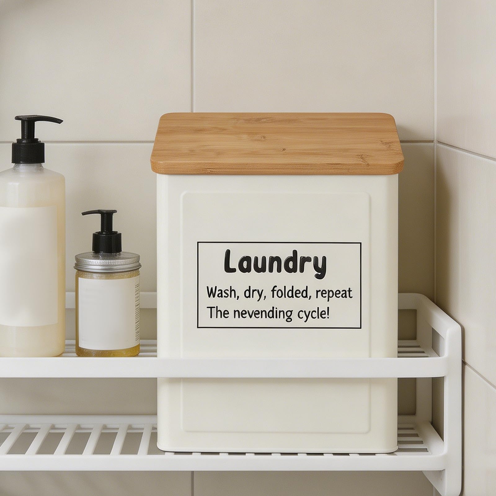 Caja Organizadora de Bambú Blanco para Detergente de Lavandería con Tapa Magnética y Protección Polvo para Espacio de Lavado
