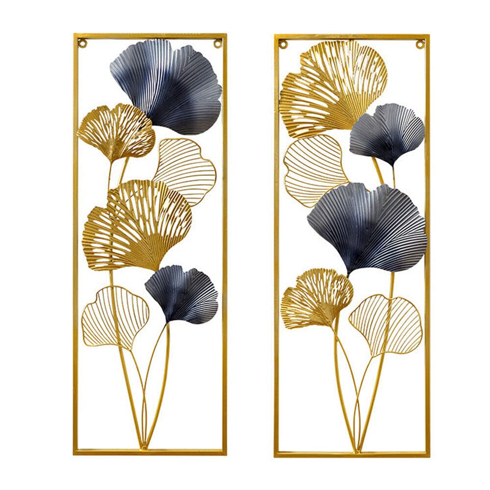 Biggittig Lot de 2 décorations murales 3D en métal - Motif feuilles de ginkgo - Pour la maison, la chambre à coucher, le bureau, etc - Doré - 85 x 31 x 5 cm