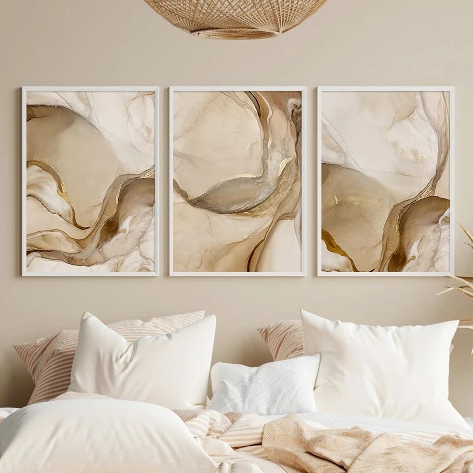 Art mural moderne marbre beige et doré, impression sur toile de qualité galerie