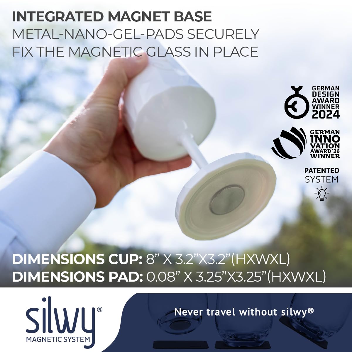 Silwy® Magnetyczny słoik z tworzywa sztucznego do wina CHEERS 300 ml w kolorze białym wraz z metalową nano-żelową podkładką – antypoślizgowe szklanki kempingowe, akcesoria do łodzi i jachtów