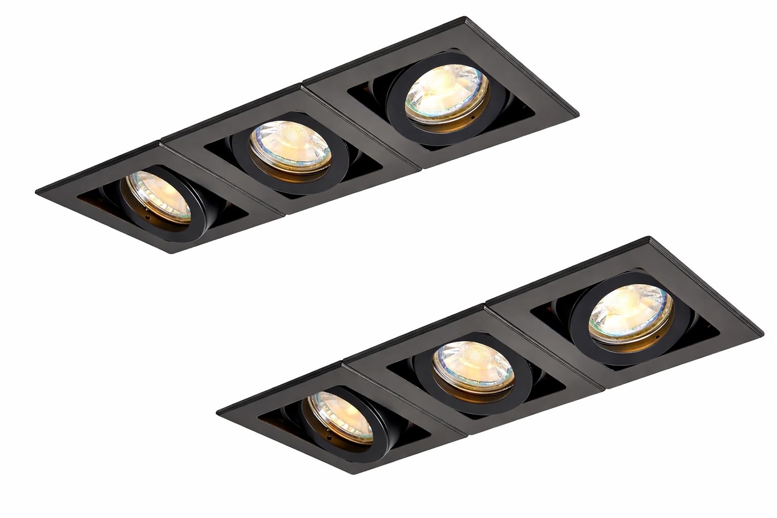 National Lighting Xeno Matt Black Indoor Ceiling Lights - Mains Powered Triple Boxed Downlights - Recessed GU10 Spotlights - Adjustable Tilt GU10 LED Compatible Lamps - 2 Pack