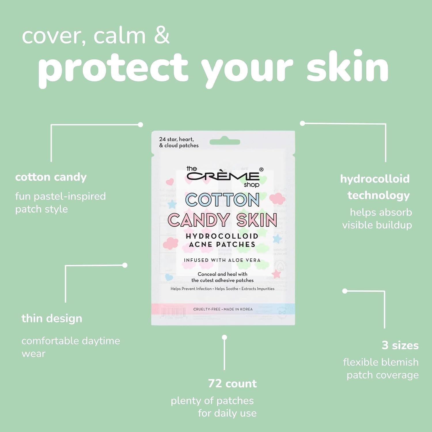 The Crème Shop Cotton Candy Skin Hydrocolloid Acne Patches - 72 count - 3 Size Variation - Blemish Patches for Breakouts, Whiteheads, Cystic & Hormonal Acne
