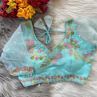 Embroidered Saree Blouse with Floral Sequin Work, V-Neck, Tie-Back Price In India