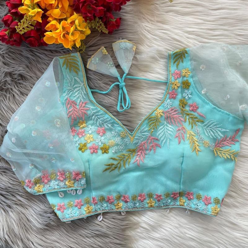 Embroidered Saree Blouse with Floral Sequin Work, V-Neck, Tie-Back - Review, Price and Buying Guide