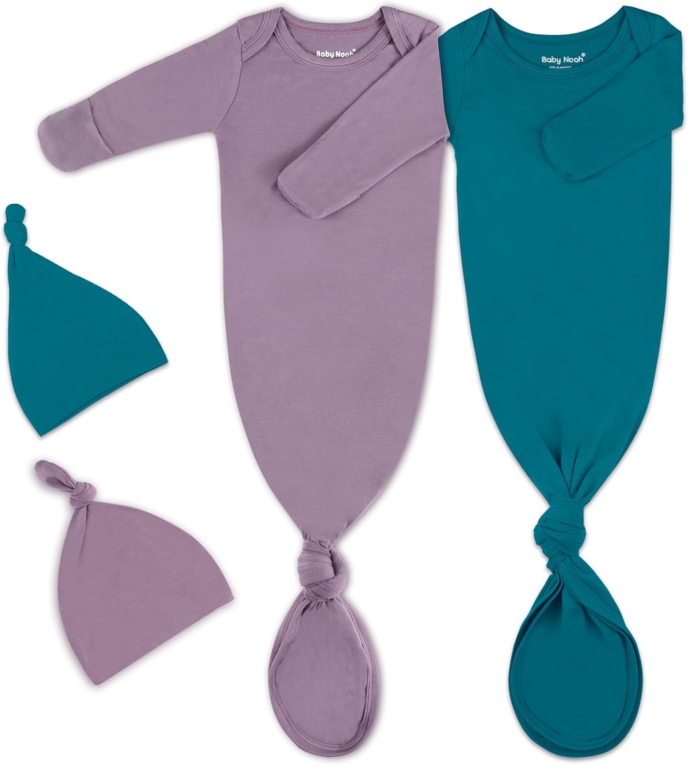 2Pk Newborn Baby Knotted Gown, Super Soft Silky Infant Long Sleeve Sleeper for Baby Sleeping with Hat Blue Green Deep Purple(2 Packs 0-3 Months)
