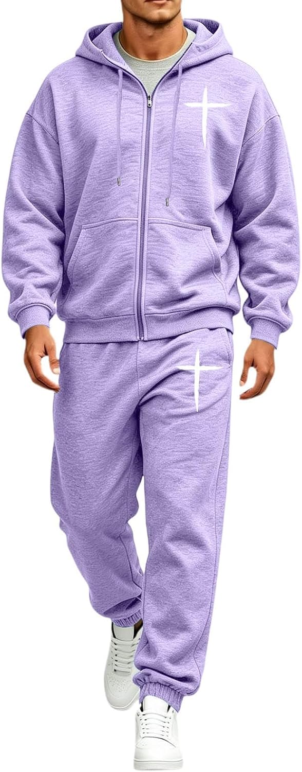 HJINGSUN Sweatsuits for Men Christian Cross Print Hoodie Jogger Sweat Suits