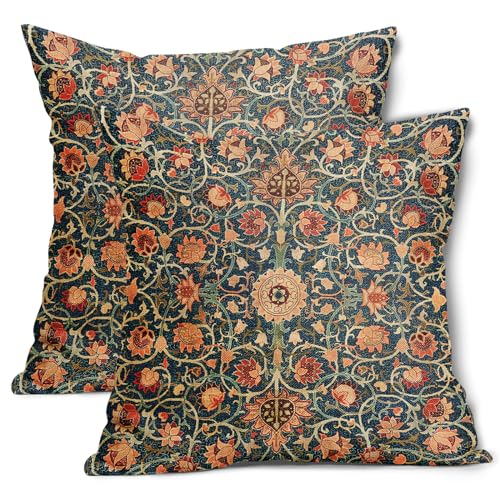 Vintage Floral Pillow Covers 18X18 Inch Set of 2 Burnt Orange Flowers Botanical Decorative Square Pillow Cases Navy Blue Art Cushion Case Farmhouse Home Decor for Sofa Couch Bedroom Outdoor