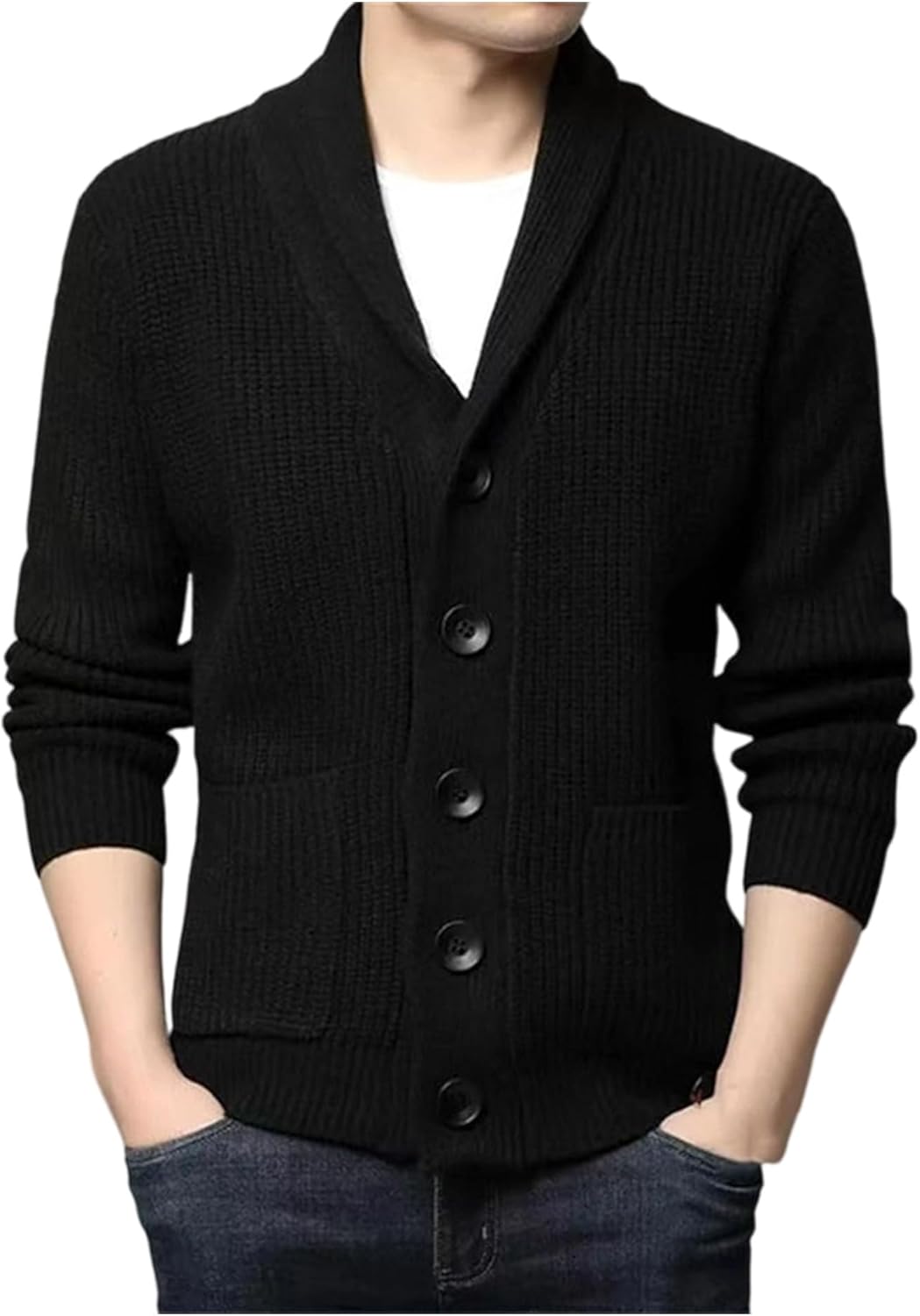 EFOFEI Men Button Up Chunky Sweater Cable Knit Long Sleeve Casual Cardigan Shawl Collar Classic Cardigan Sweater