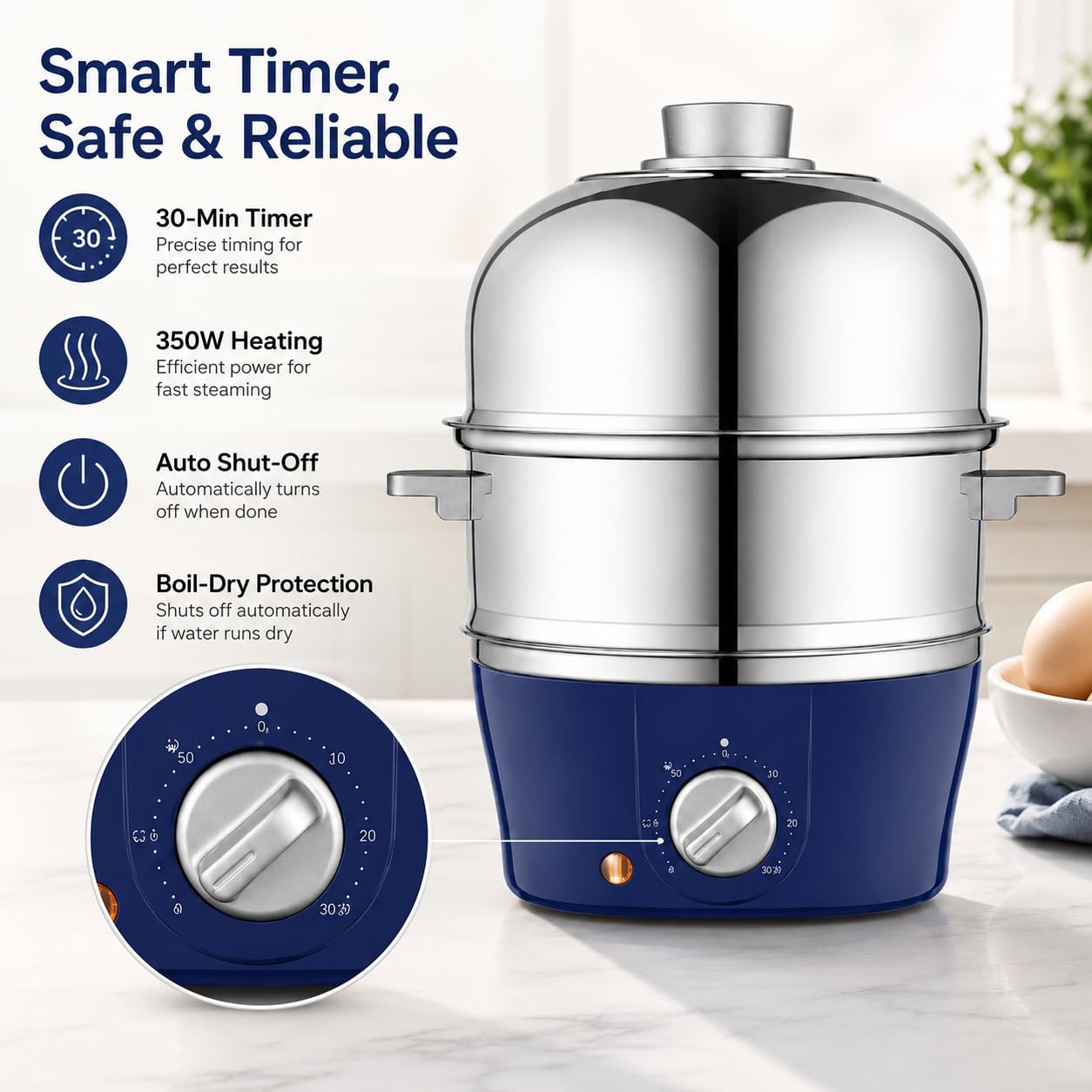 Cocedor de Huevos, Vaporeras de Doble Capa de 350 W con Temporizador