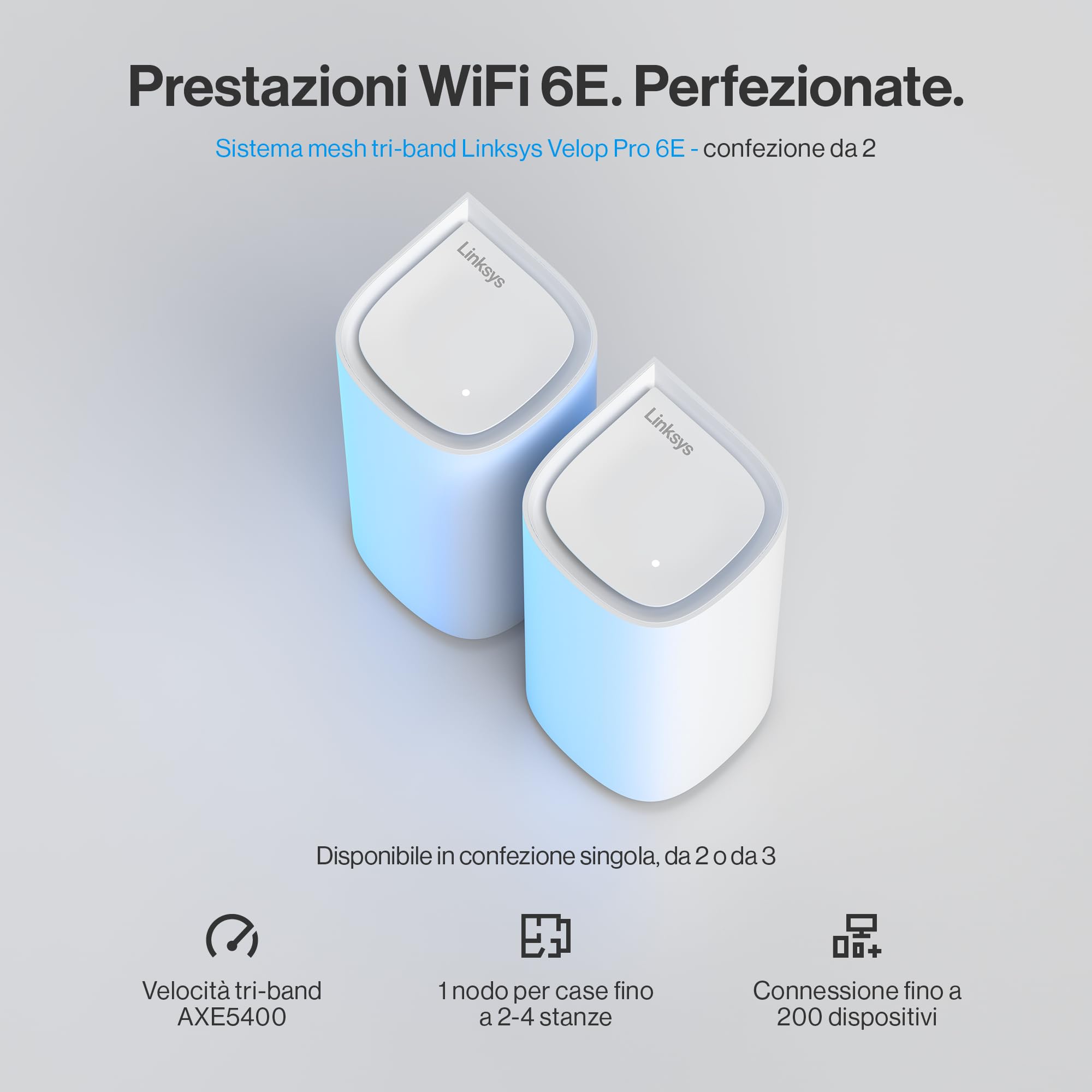 Linksys Velop Pro Sistema WiFi 6E mesh MX6202-KE, Router Cognitive Mesh, Accesso alla Banda 6 GHz e Velocità di 5.4 Gbps, Copre fino a 550 mq e 400 Dispositivi, Conf. da 2
