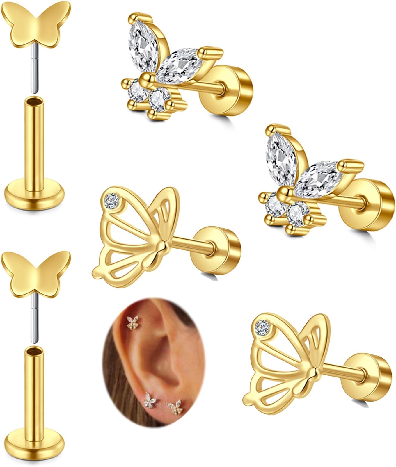 Silver Gold Cartilage Earring for Women Hypoallergenic Flat Back Earrings Threadless Helix Earring Tragus Studs 6mm Cartilage Jewelry Flatback Surgical Steel Butterfly Heart Earrings for Women