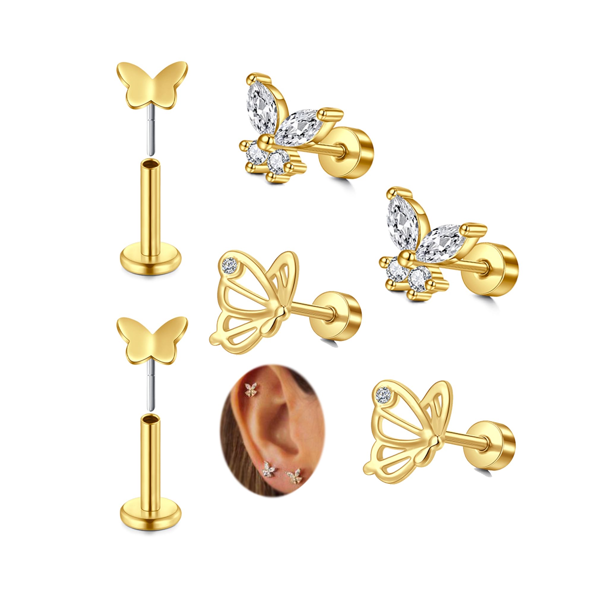 MODRSA Silver Gold Cartilage Earring for Women Hypoallergenic Flat Back Earrings Threadless Helix Earring Tragus Studs 6mm Cartilage Jewelry Flatback Surgical Steel Butterfly Heart Earrings for Women