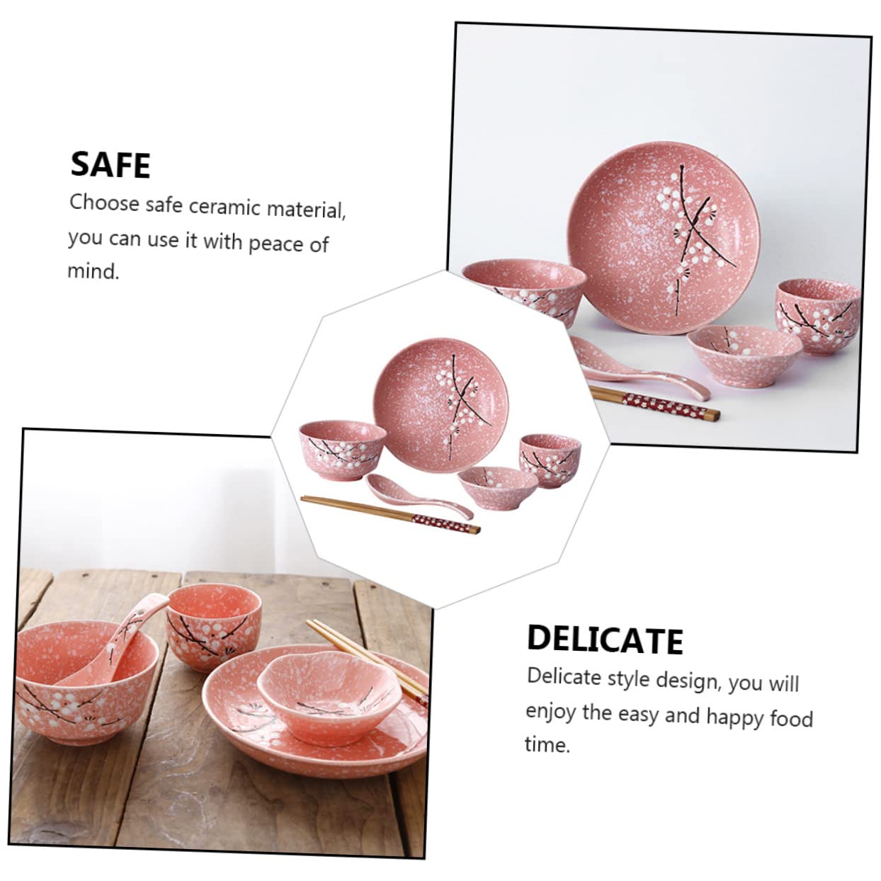 Ciieeo Set Stoviglie Giapponesi 12 Pezzi in Ceramica Rosa, Kit Posate e Piatti per Casa, Stile Delicato per Party e Uso Quotidiano