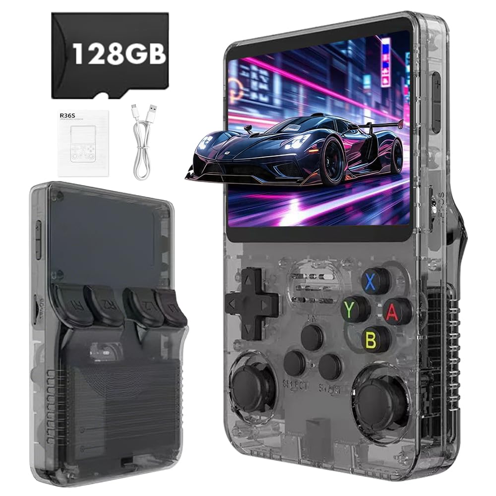 R36s Retro Handheld Game Console, Afenau Retro Games Console Handheld with 3.5 Inch IPS HD Screen and 128G TF Card, 40000+ Classic Games Portable Handheld Games Consoles for Teens Adults (Black)