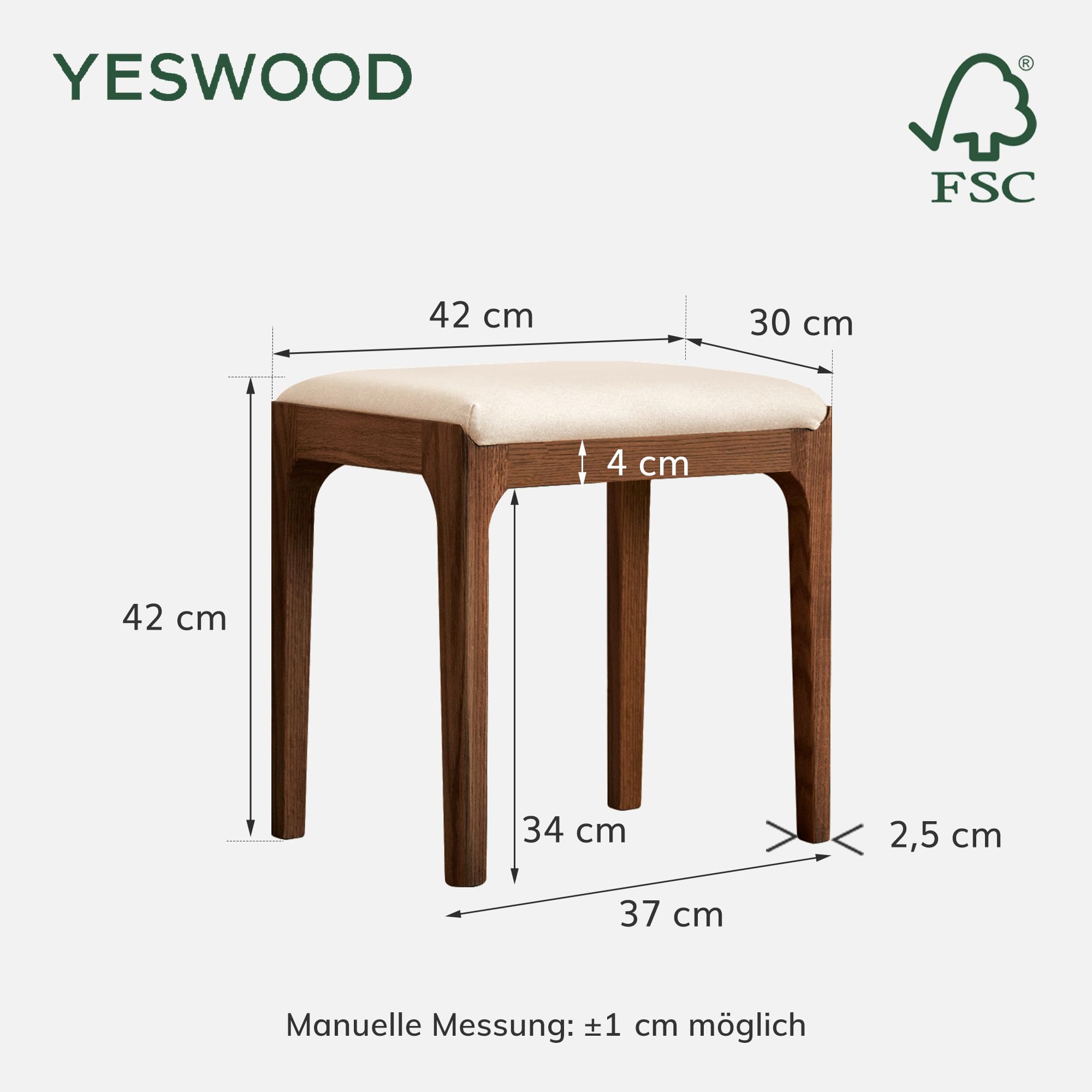 YESWOOD Schminktisch Stuhl, Stabiler Holzhocker Massivholz, Polsterhocker mit Leinenoptik, Schminktisch Hocker 42x30x42 cm, Make-up Hocker für Schlafzimmer, Eiche in Walnussfarbe