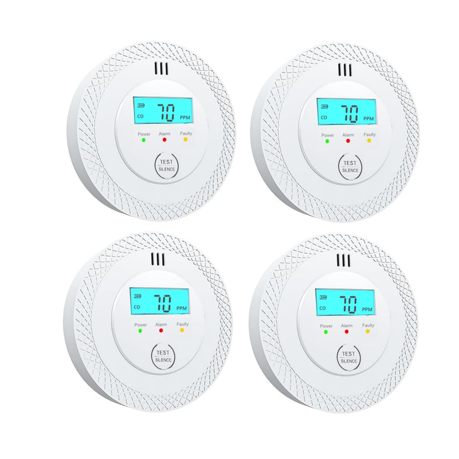 Detector de Monóxido de Carbono Blanco - 10 años de Vida útil de la batería, Alarma de CO, instalación fácil para autocaravanas, Casas y oficinas (4 Pack)