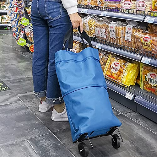 Carrito de la compra plegable con ruedas – Bolsa de utilidad portátil para comestibles, lavandería y equipaje con ruedas dobles – Carrito de compras azul ligero