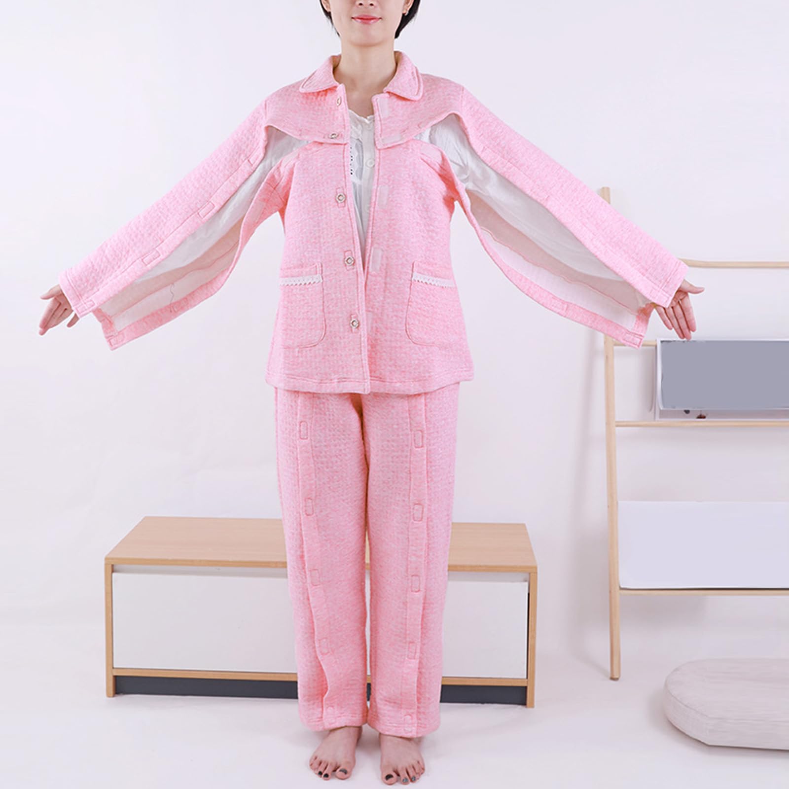 ApuaVireo&Co Komplet bielizny dla pacjentów leżących, komplet piżam bawełnianych z możliwością oderwania, zestaw bluzek i spodni do karmienia(Pink,XL)
