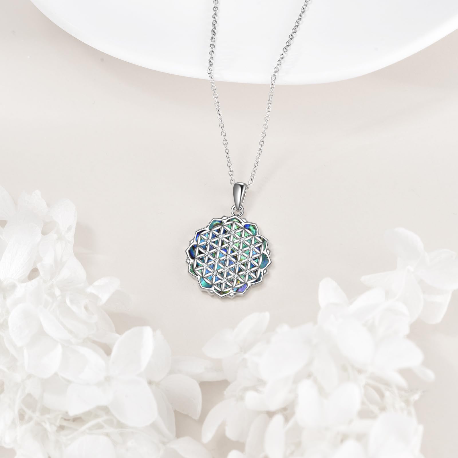Blume des Lebens Halskette 925 Sterling Silber Abalone Lebensblume Anhänger Kette Filigran Schmuck Geschenke für Damen Frauen Weiblich.