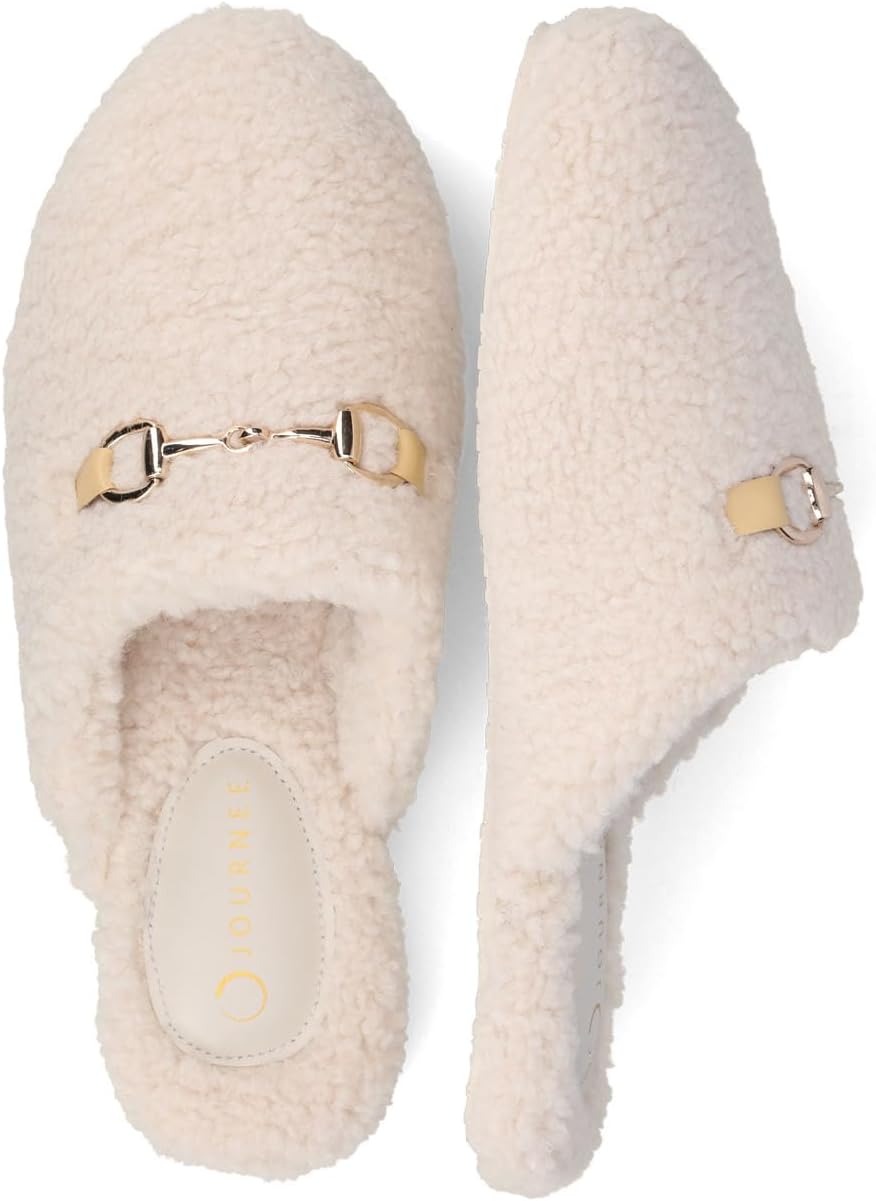 Journee Collection Womens Monnroe Plush Fur Lined Cushioned Scuff Slippers Horse Bit Design Slip On with Durable Sole
