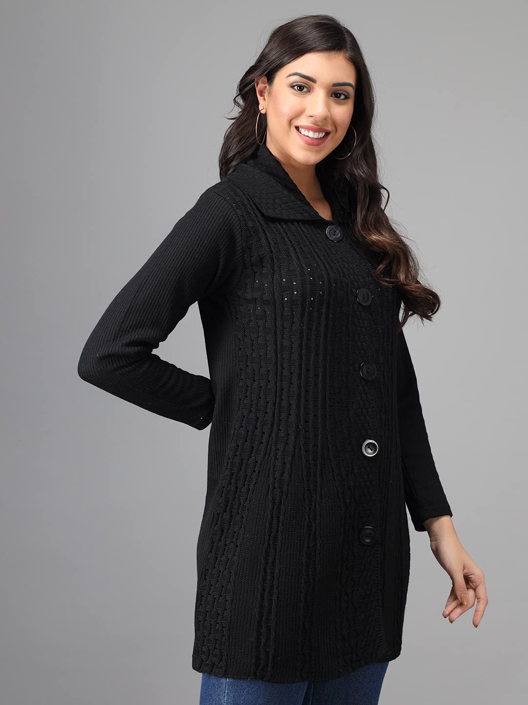 eKools Women's Winterwear Woolen Self Cardigans Banded Collar Sweaters (Black, 2XL) - Image 3 thumbnail