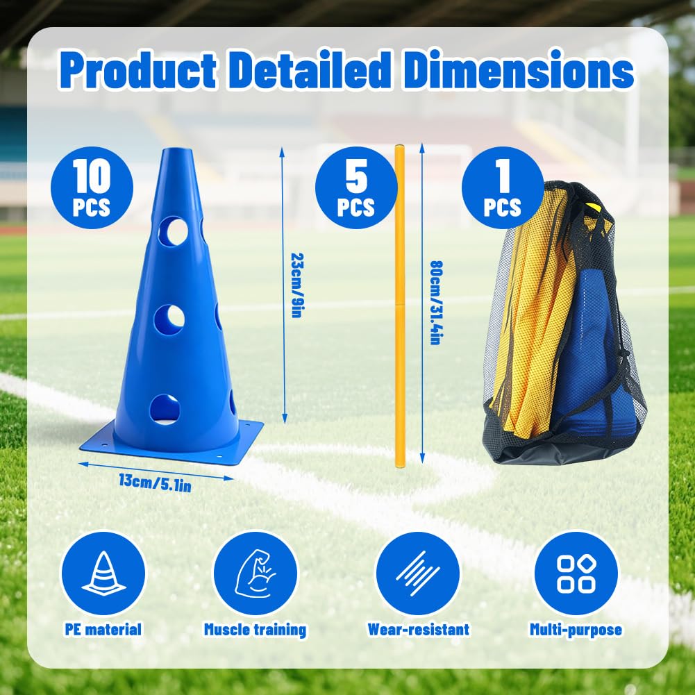 Steckhürden Set für Agility Training, 5 Stück Hindernisse mit 10 Kegel 23cm Höhe und 5 Stangen 80cm Lang, Verstellbare Hürdenset für Hundesport, Pferdetraining und Kinderturnen