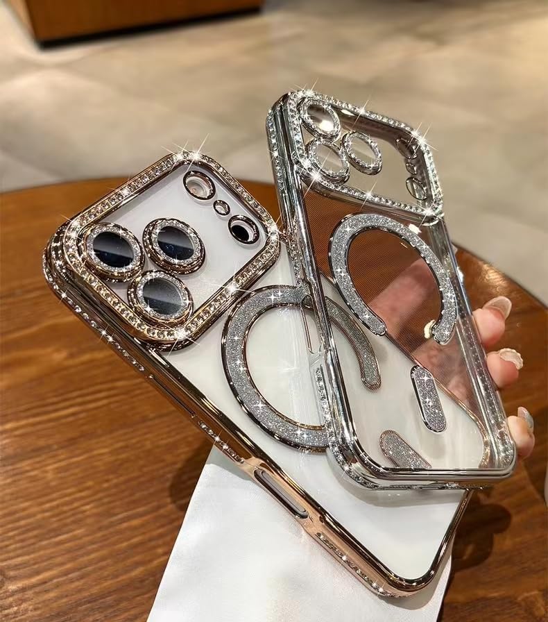 Magnetic Clear Glitter Case for iPhone 17 Pro Max,[Compatible with Magsafe],Cute Sparkly Bling Diamond Camera Lens Protector Soft Plating TPU Bumper Women Girls Phone Case for iPhone 17 Pro Max, Gold - Image 5