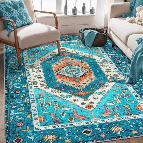SERISSA Area Rug 3x5 Boho Blue Rugs for Bedroom, Washable Non-Slip Kitchen Rugs, Ultra Soft Print Distressed Tribal Entry Rug Low-Pile Throw Rug Carpet for Bedroom Nursery Living Room Dorm Decor