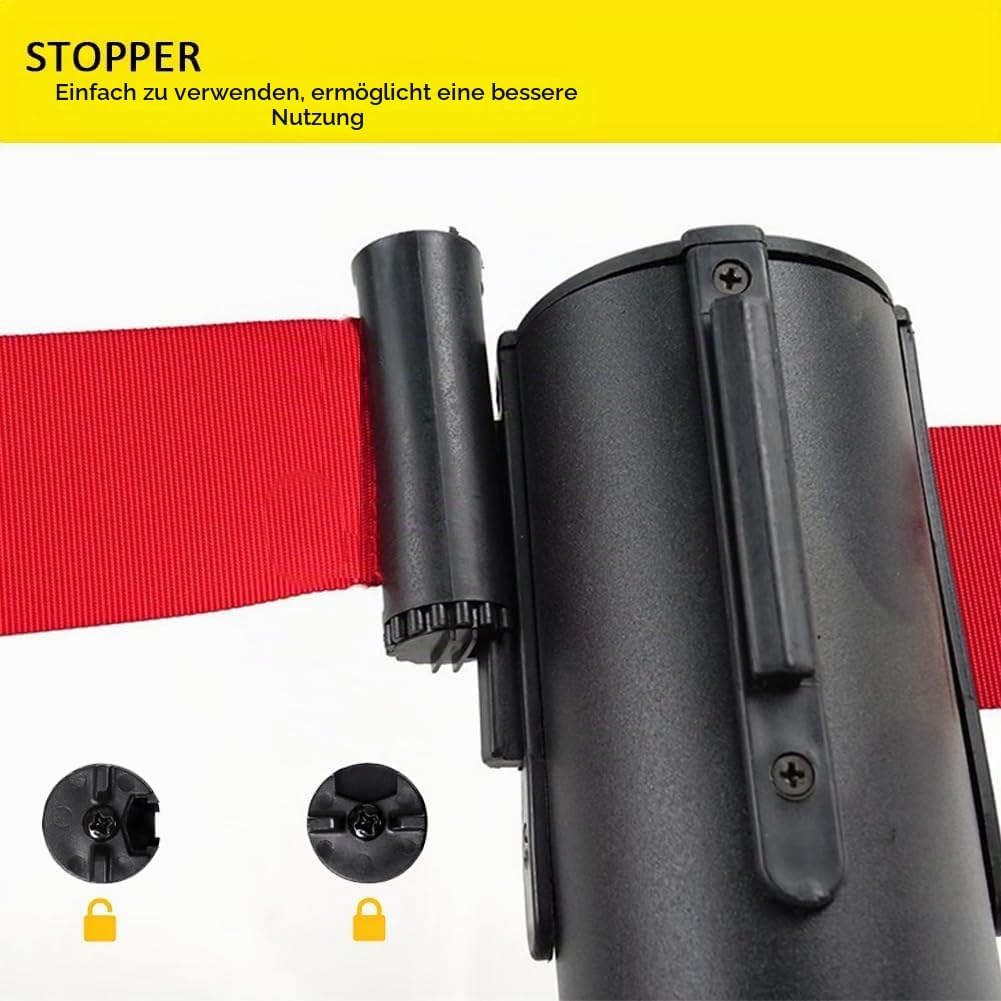 Premium Absperrstab mit Seil - Robuster Crowd Control Bandstab für Warteschlangen, Events & Ladenmanagement, Kohlenstoffstahl Seilabsperrungen,Set mit 6.5 ft/2 m rotem einziehbarem Gürtel (4)