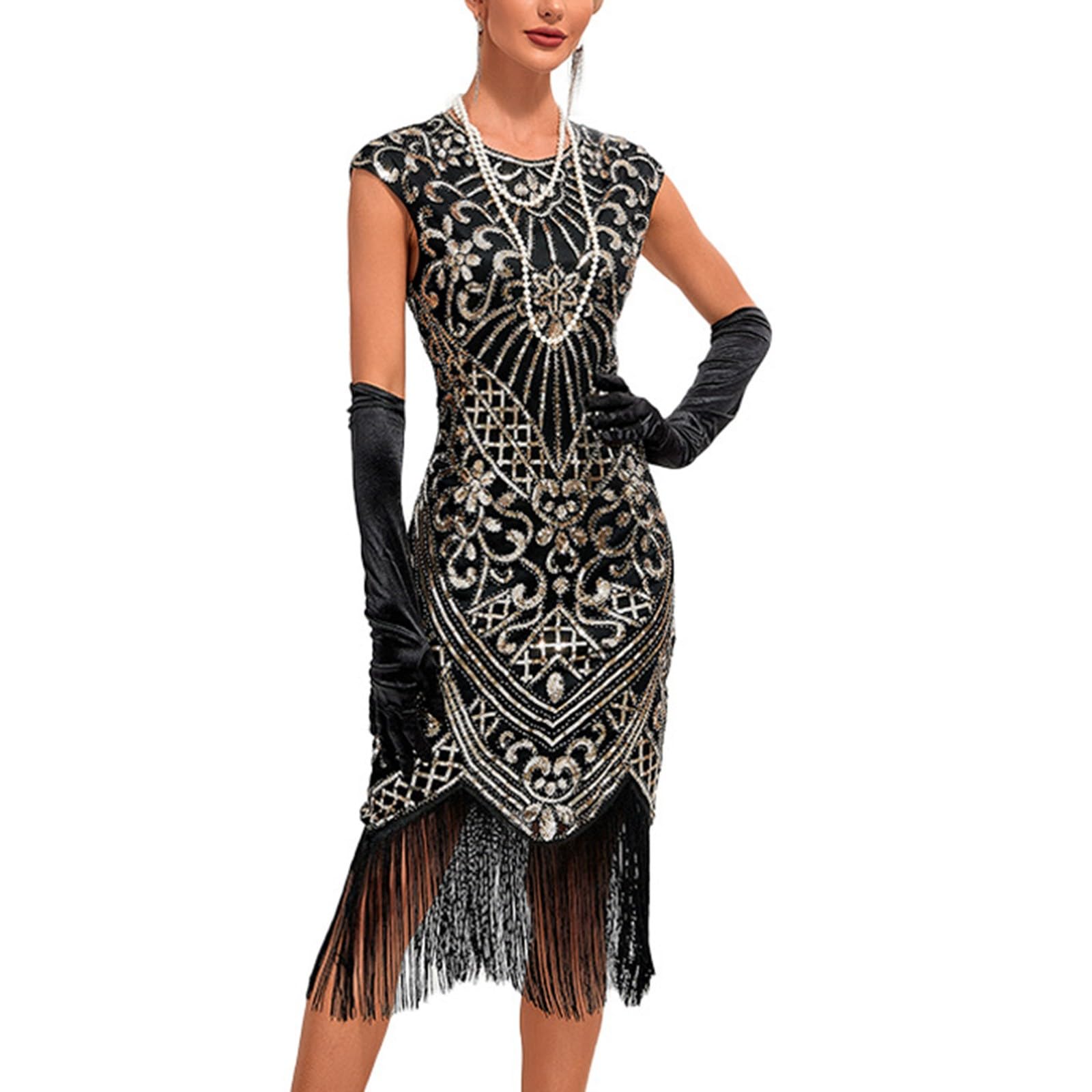Vestido Flapper de los Años 20 para Formal con Lentejuelas y Dobladillo con Borlas Elegante