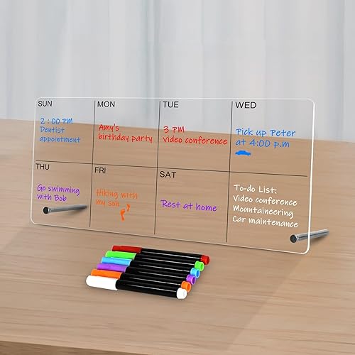 Planificador semanal de escritorio acrílico, pizarra blanca transparente de 12 x 6 pulgadas con soporte de metal, calendario de lista de tareas