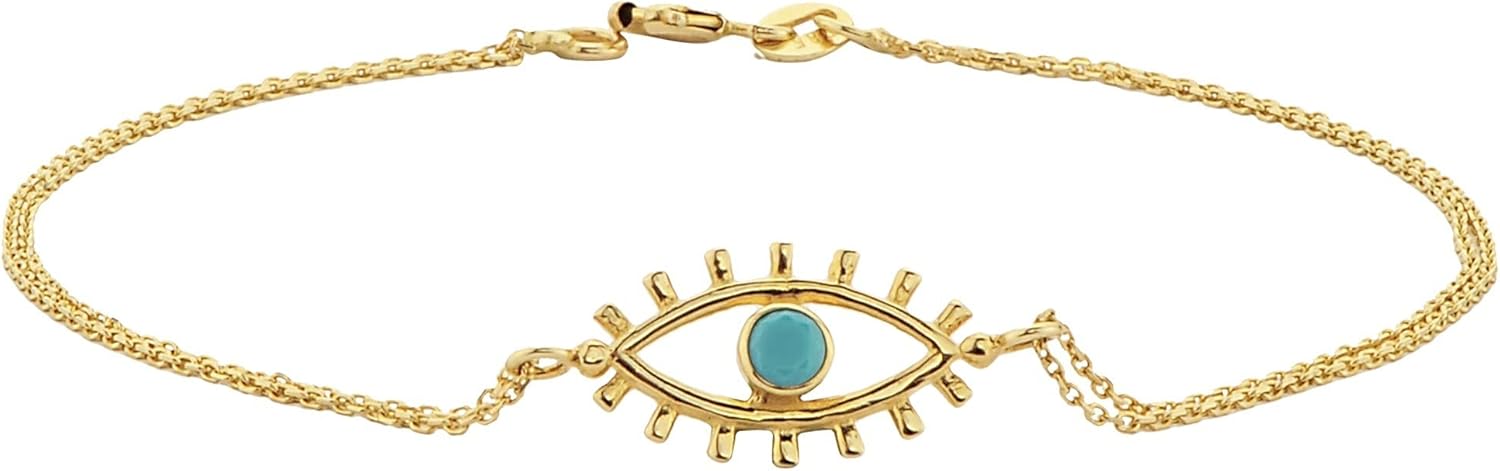 14K Real Solid Gold Turquoise Evil Eye Bracelet For Women