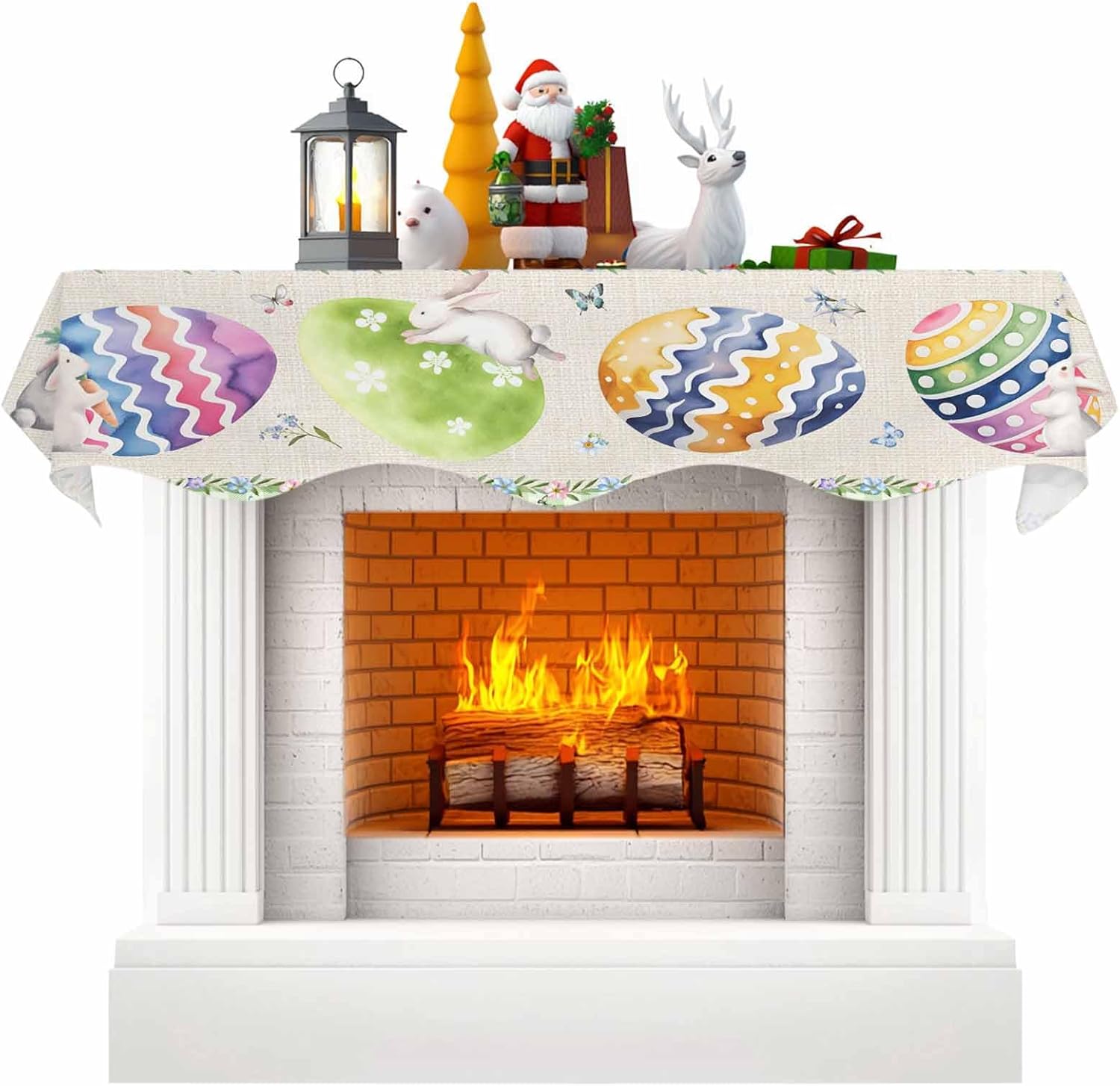 T&H XHome Mantel Scarf - Modern Fireplace Table Runner Easter Colorful Eggs Rabbits Green Plaid Retro Texture Tabletop Scarf for Fireplace Top Runner Window Protector Decor 60"x17"