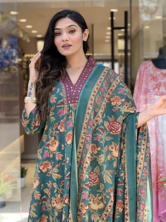 Lookmark Women's Cotton Blend Floral Printed Kurta Plazzo Set With Dupatta Suitable For Every Indian Occasion (Az-Lm-Og-Ks2171 Green-M)