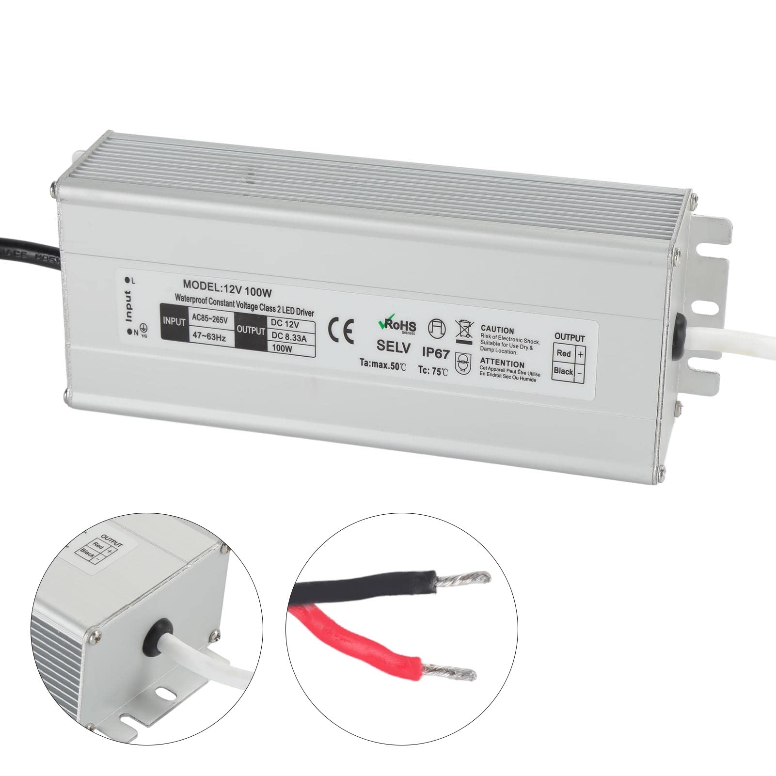 Driver LED 100W 12V/24V Impermeabile IP67 Trasformatore LED Alimentatore LED da 85~265V AC a 12V/24V DC Uscita a bassa tensione per luce LED, Computer Project, Industriale, Luce esterna(Spine UE-12V)